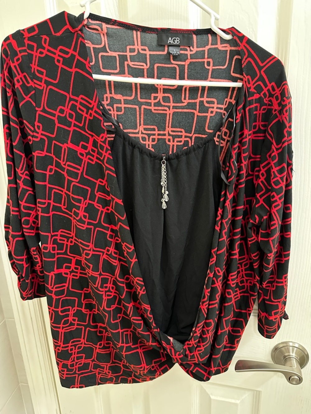 AGB Black and Red Geometric Draped Wrap Top